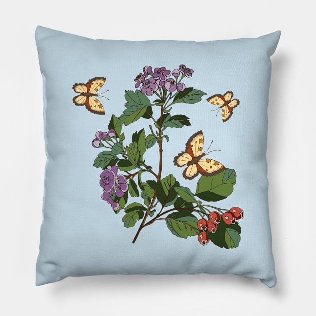 botanical illustration of a plant with berries and a butterfly Pillow by EEVLADA