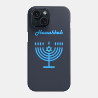 Neon Menorah Jewish Holiday Hanukkah Party Decoration with traditional Chanukah symbol hanukkiah menorah candlestick with candles, star of David Phone Case
