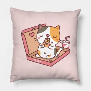 Cute Calico Cat Eating Pizza In Pizza Box Funny Pillow