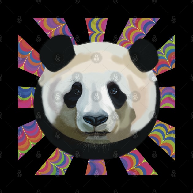 Striking Panda bear on Psychedelic patterned sun rays by KateVanFloof