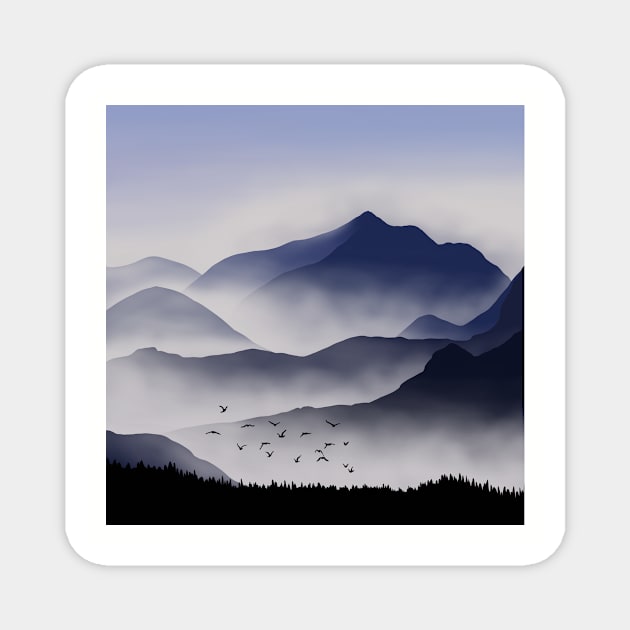 Flock of Birds over Foggy Rocky Hills Landscape Digital Illustration Magnet by AlmightyClaire