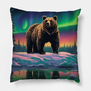 Brown Bear with Forest and Borealis, Colorful, Beautiful Pillow