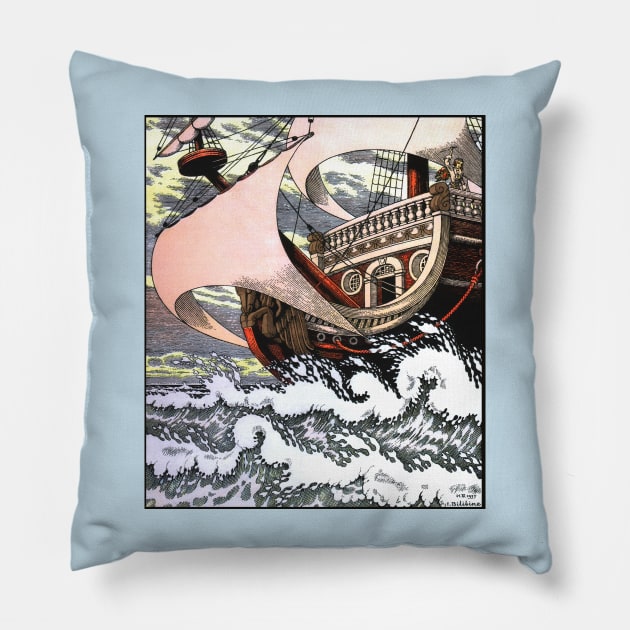 The Little Mermaid - Ship on the Ocean - Ivan Bilibin Pillow by forgottenbeauty