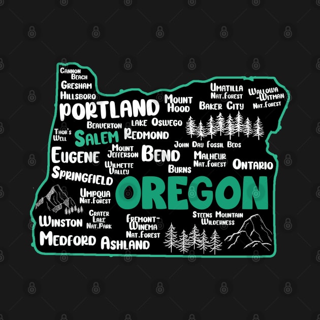 Cute map of Salem Oregon, Portland, Eugene, Springfield, Bend, Ontario, Medford by BoogieCreates