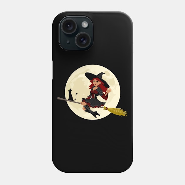 Good Witch With Black Cat On Broomstick Waving Hello Phone Case by MonkeyBusiness