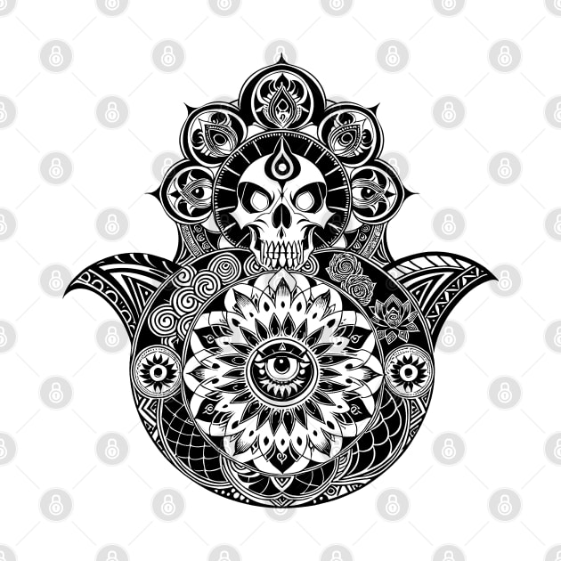 Intricately Drawn Skull Head Hamsa Hand by SunGraphicsLab