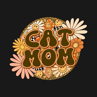 Cat Mom Retro Groovy Floral Leopard T-Shirt