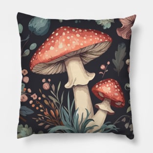 Red Mushroom Pink Flowers Cyan Green Leaves Pattern Pillow