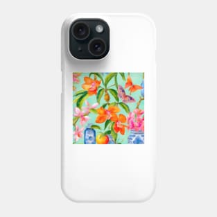 Orange orchids and chinoiserie jars watercolor Phone Case