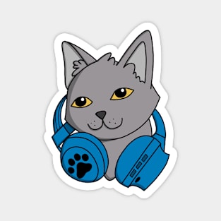 British Shorthair Cat's Blue Headphones Magnet