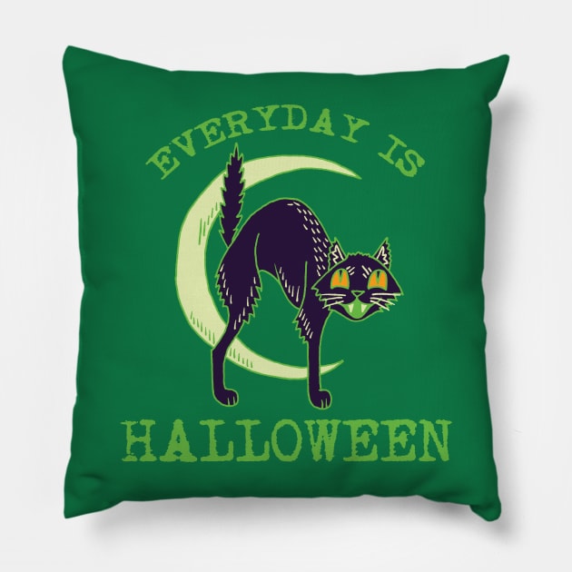 Everyday Is Halloween - Kitschy Cute Vintage Green Halloween Cat Pillow by FatCatSwagger