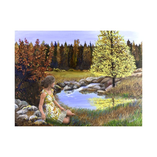 Woman girl seated by forest pond landscape painting peaceful relaxed zen yoga buddhism by Fantasyart123