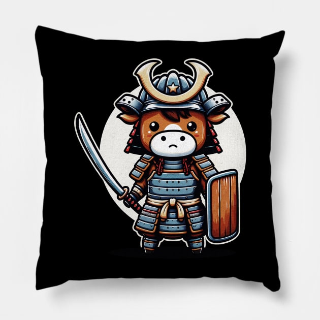 Kawaii Samurai Animal Cow Warrior with Katana Shield Cute Pillow by EmuftyDesign