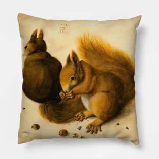 SQUIRRELS EATING NUTS, ANTIQUE ANIMAL DRAWINGS Pillow