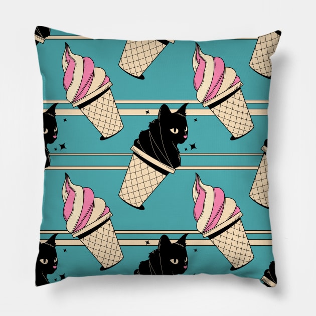 Ice Cream Black Cat Pattern in blue Pillow by The Charcoal Cat Co.