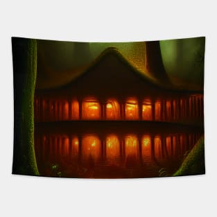 Magical Big Cottage Mushroom House with Lights in Forest with High Trees, Mushroom Aesthetic Tapestry