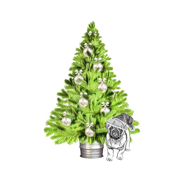 Pug dog Christmas scene with Christmas tree and Santa hat by NikkiBear67