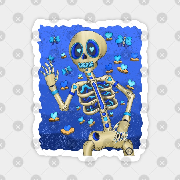 The Blue Butterfly Dreamer Skeleton - Día De Los Muertos - Butterfly lover Magnet by Scriptnbones