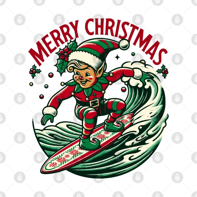 Surfing Elf Retro Christmas Cheer by The Tee Bizarre