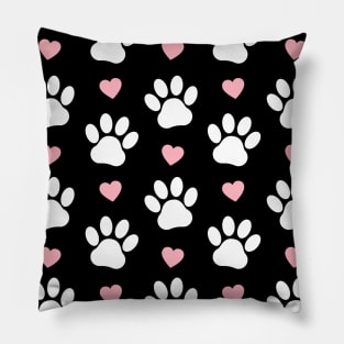 Pattern Of Paws, Dog Paws, White Paws, Pink Hearts Pillow