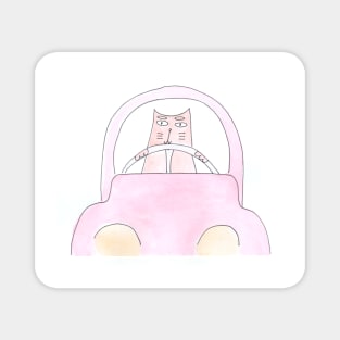 Cat is driving a car. Driver, road, journey. Watercolor illustration humorous. Humor, fun design modern Magnet