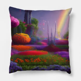 Rainbow in Floral Garden Pillow