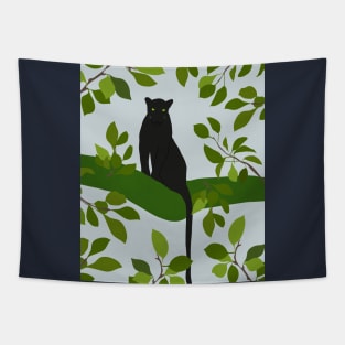 Black panther sits on a branch Tapestry