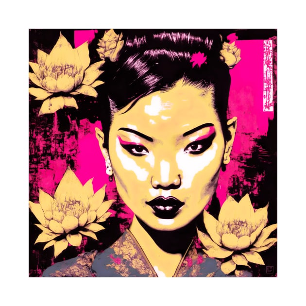 [AI Art] Nonexistent Asian woman with lotus flowers in the spirit of the works of Herman Brood by Sissely