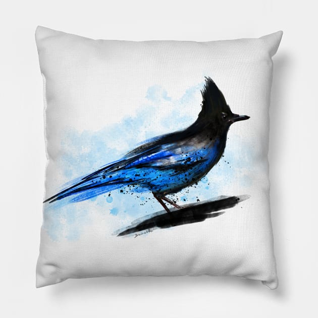 Dramabite Watercolor blue stellar jay bird artistic animal watercolor Pillow by dramabite