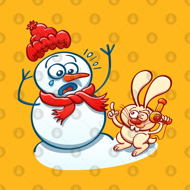 Naughty bunny stealing the carrot nose of a Christmas snowman with a hair dryer by zooco