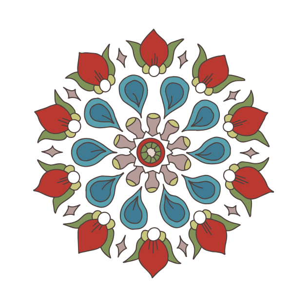 Geometric pattern of red blue rosette flowers on pink circles by colorofmagic