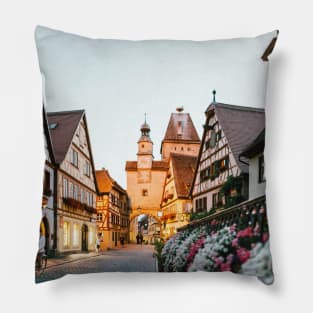 Panoramic View of City Buildings with Flowers Pillow