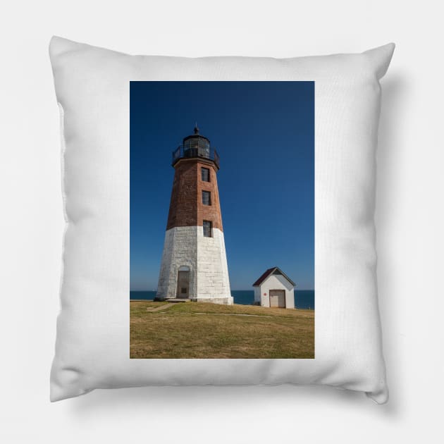 Point Judith Lighthouse Blue Sky Pillow by mcdonojj