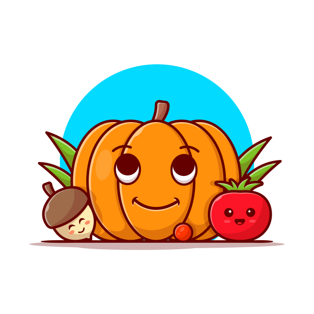 Happy Cute Pumpkin with Cute Acorn and Tomato Cartoon Vector Icon Illustration by Catalyst Labs