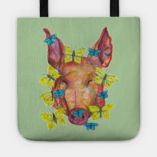 Pink pig head and yellow  blue butterflies Tote