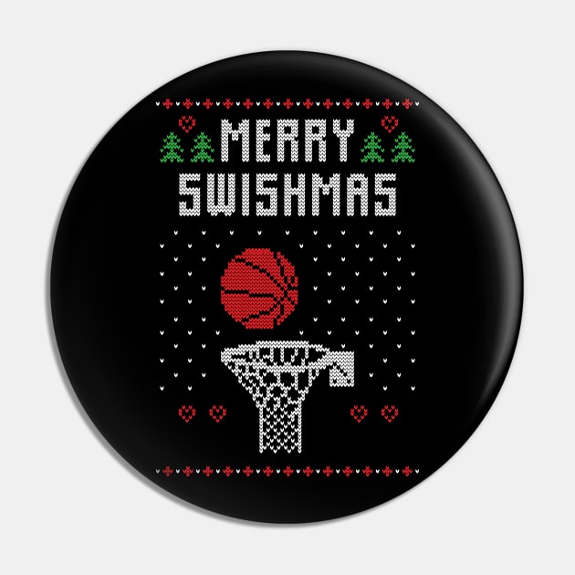 Merry Swishmas Funny Basketball Ugly Christmas Sweater Gift Pin by BadDesignCo