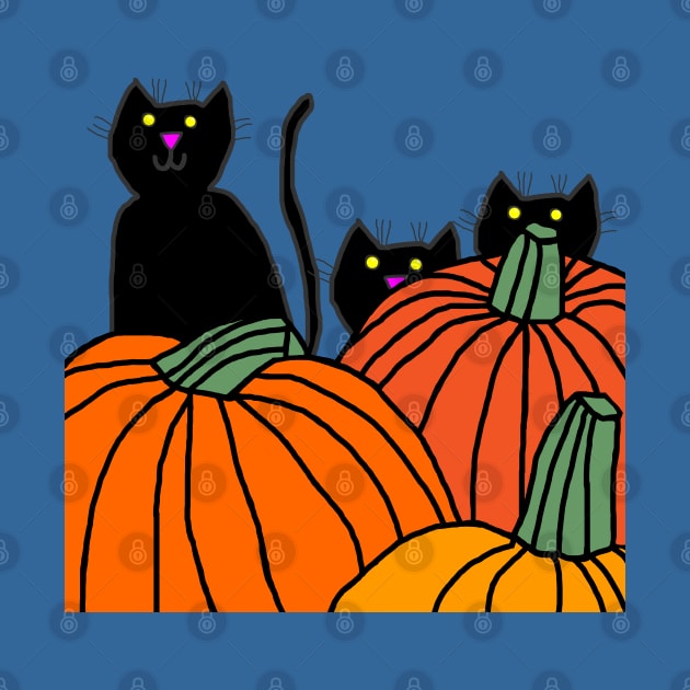 Three Black Cats in the Halloween Pumpkin Patch by ellenhenryart