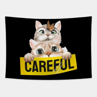 cute cats with butterfly holding careful sign illustration Tapestry