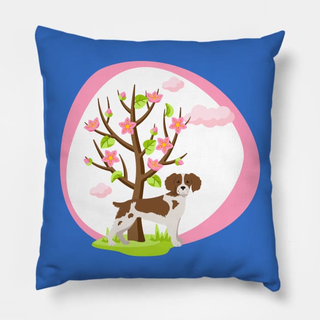 Brittany Spaniel Dog with Spring Blossom Tree Pillow by Seasonal Dogs