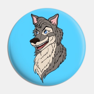 Expressive Grinning Mischievous Wolf Cartoon Head Pin