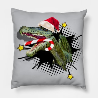 Dinosaur T-Rex with Santa Hat and Candy Cane Christmas Pillow