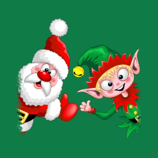 Santa and Elf Happy Christmas Characters Thumbs Up T-Shirt