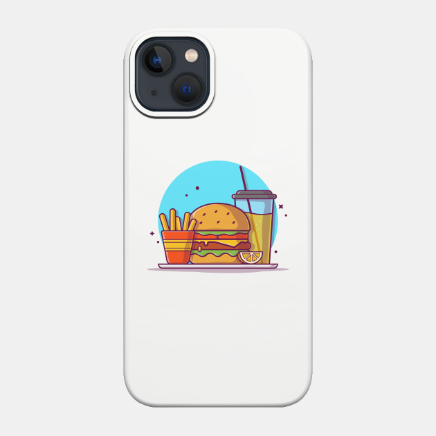 Burger with Orange Juice, Lemon, Mustard, and French Fries Cartoon Vector Icon Illustration - Burger - Phone Case