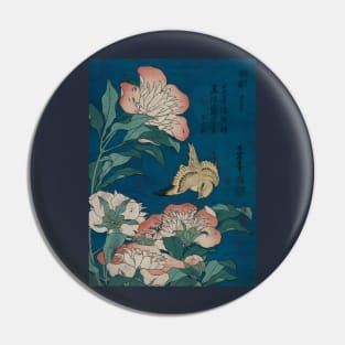 Hokusai Peonies and Canary Vintage Japanese Art Pin