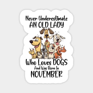 Never Underestimate An Old Lady Who Loves Dogs And Was Born In November Magnet