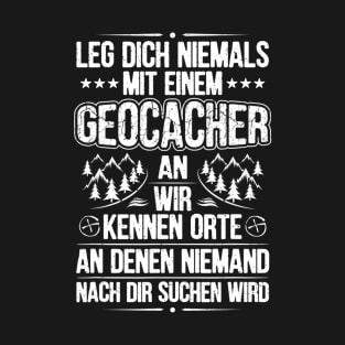 With a geocacher putting on geocaching T-Shirt