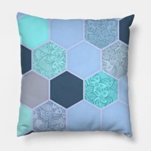 Denim Blue, Aqua & Indigo Hexagon Doodle Pattern Pillow