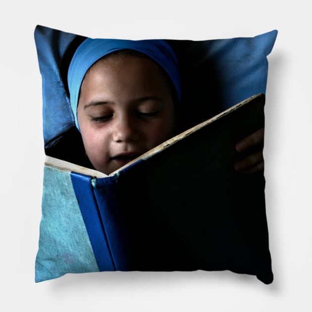 Bookworm in blue Pillow by micklyn