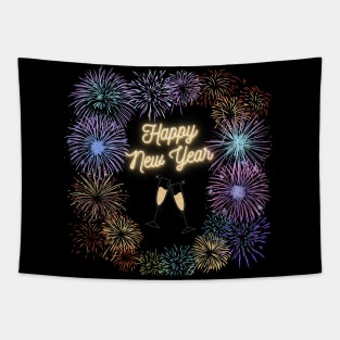 Happy New Year Fireworks and Champagne Flutes Tapestry