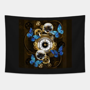 Steampunk Gears and Blue Butterflies Tapestry